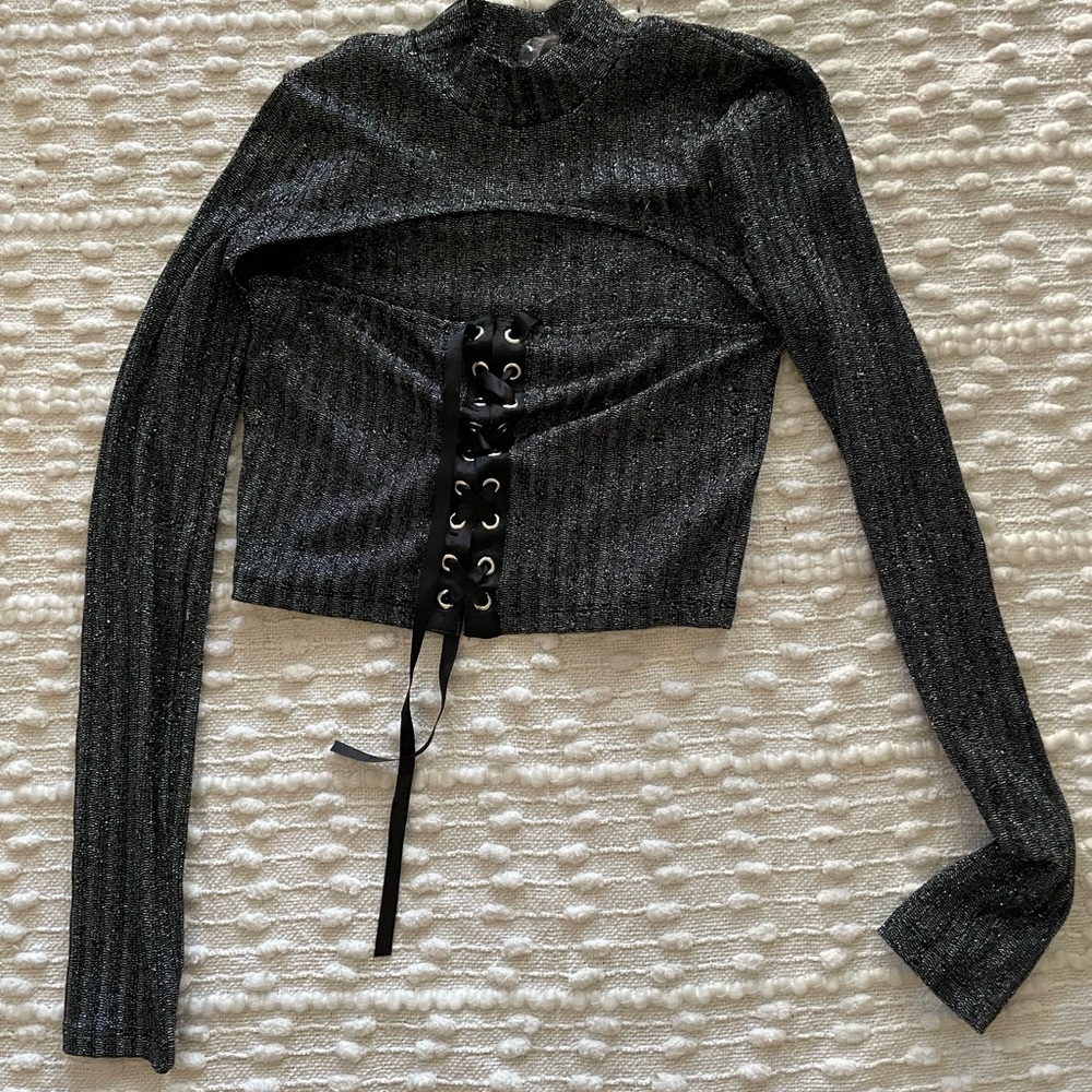 Topman Black Glitter Crop Top with Lace-Up Detail